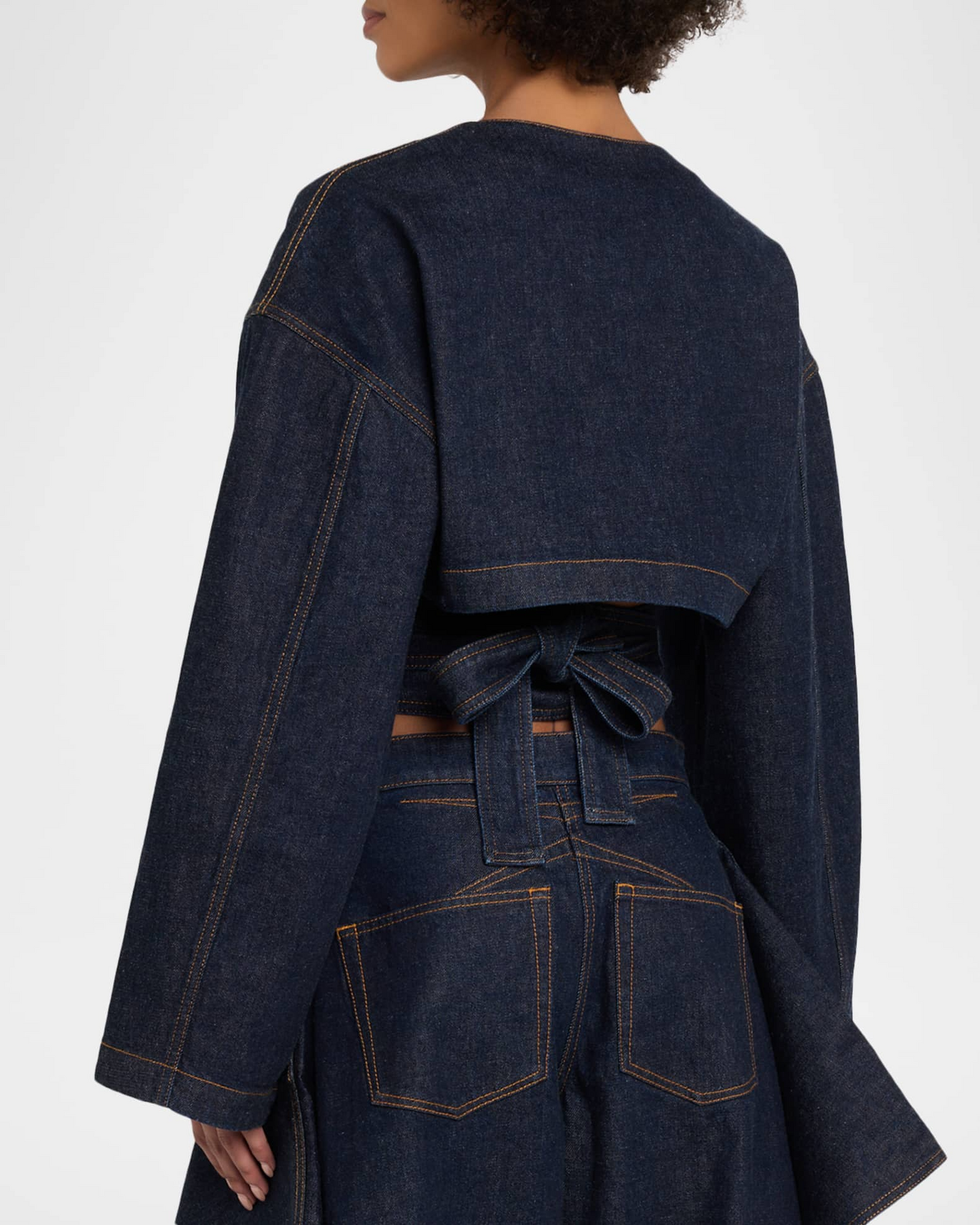 Long-Sleeve Denim Crop Wrap Top+Flap Ruffled Wide-Leg Jeans