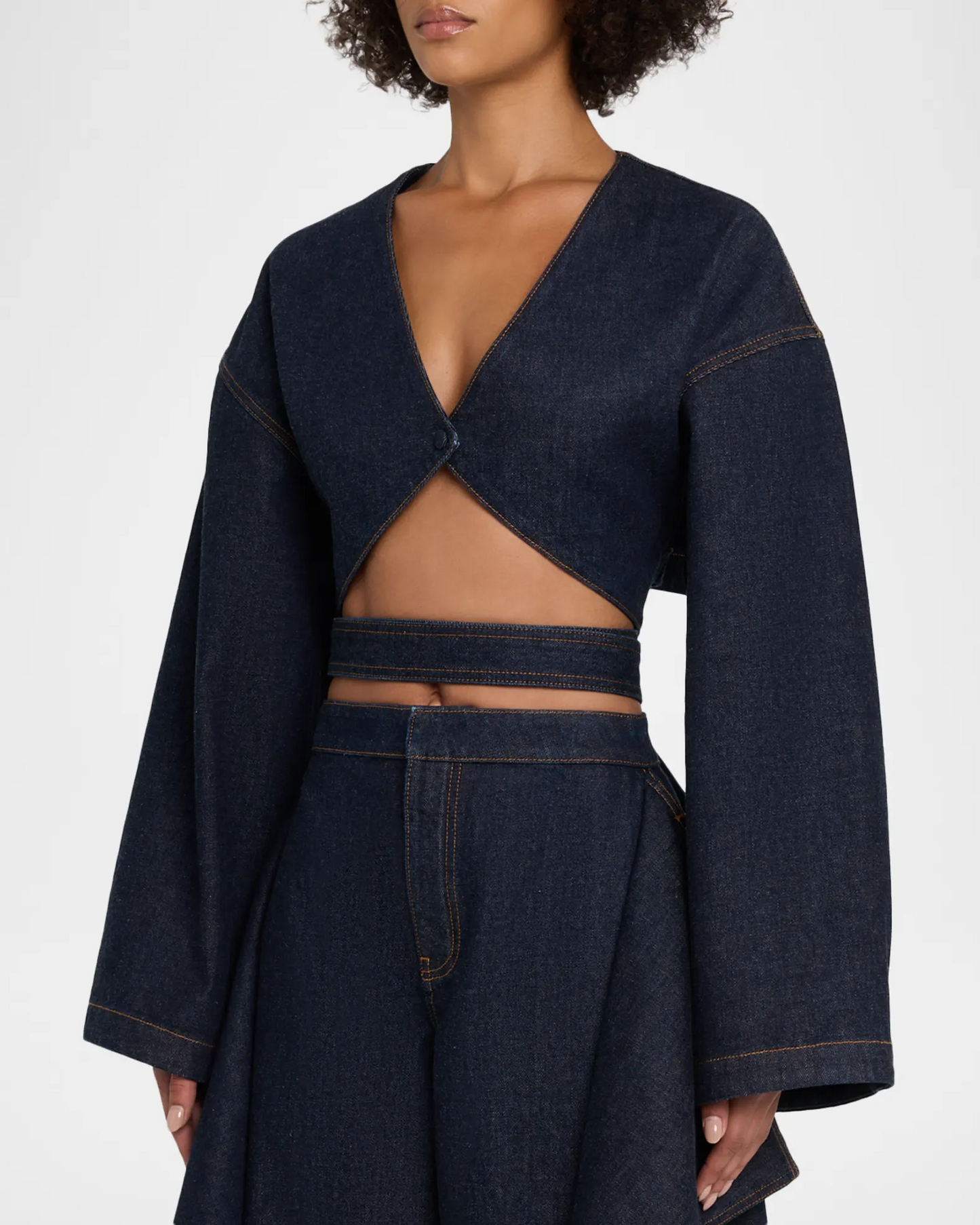 Long-Sleeve Denim Crop Wrap Top+Flap Ruffled Wide-Leg Jeans
