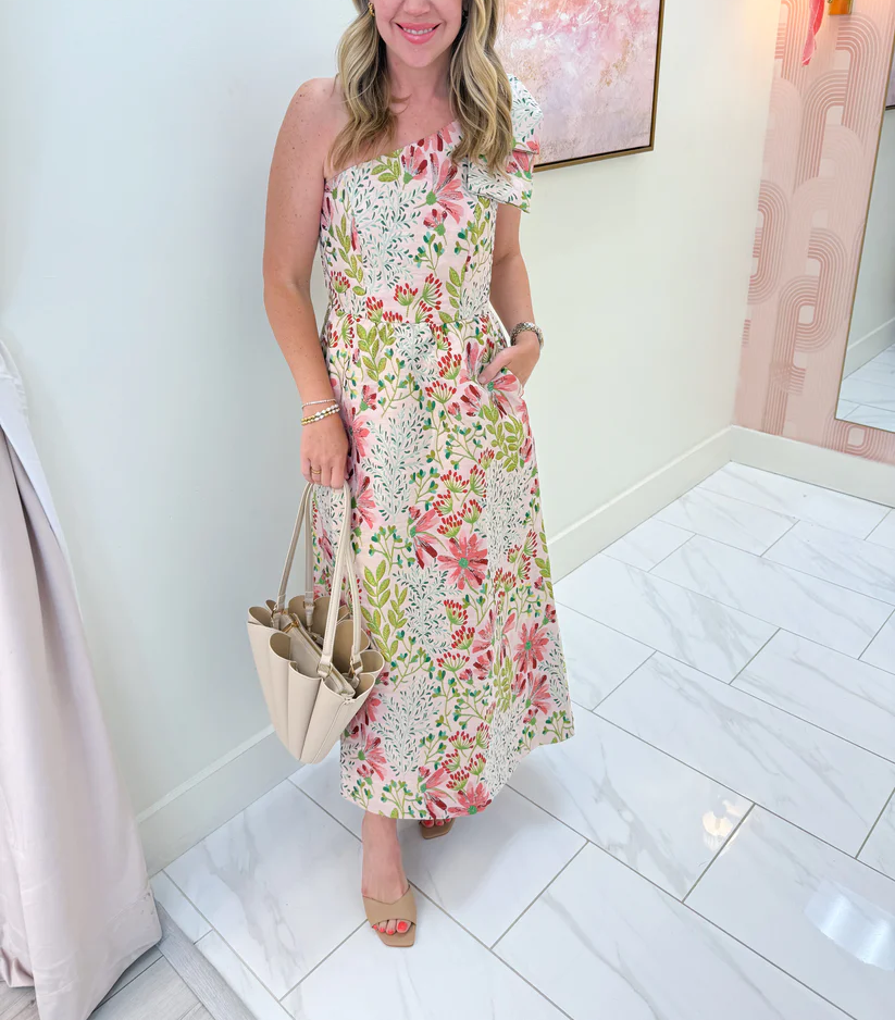 Rosey Glow Jacquard One Shoulder Midi Dress