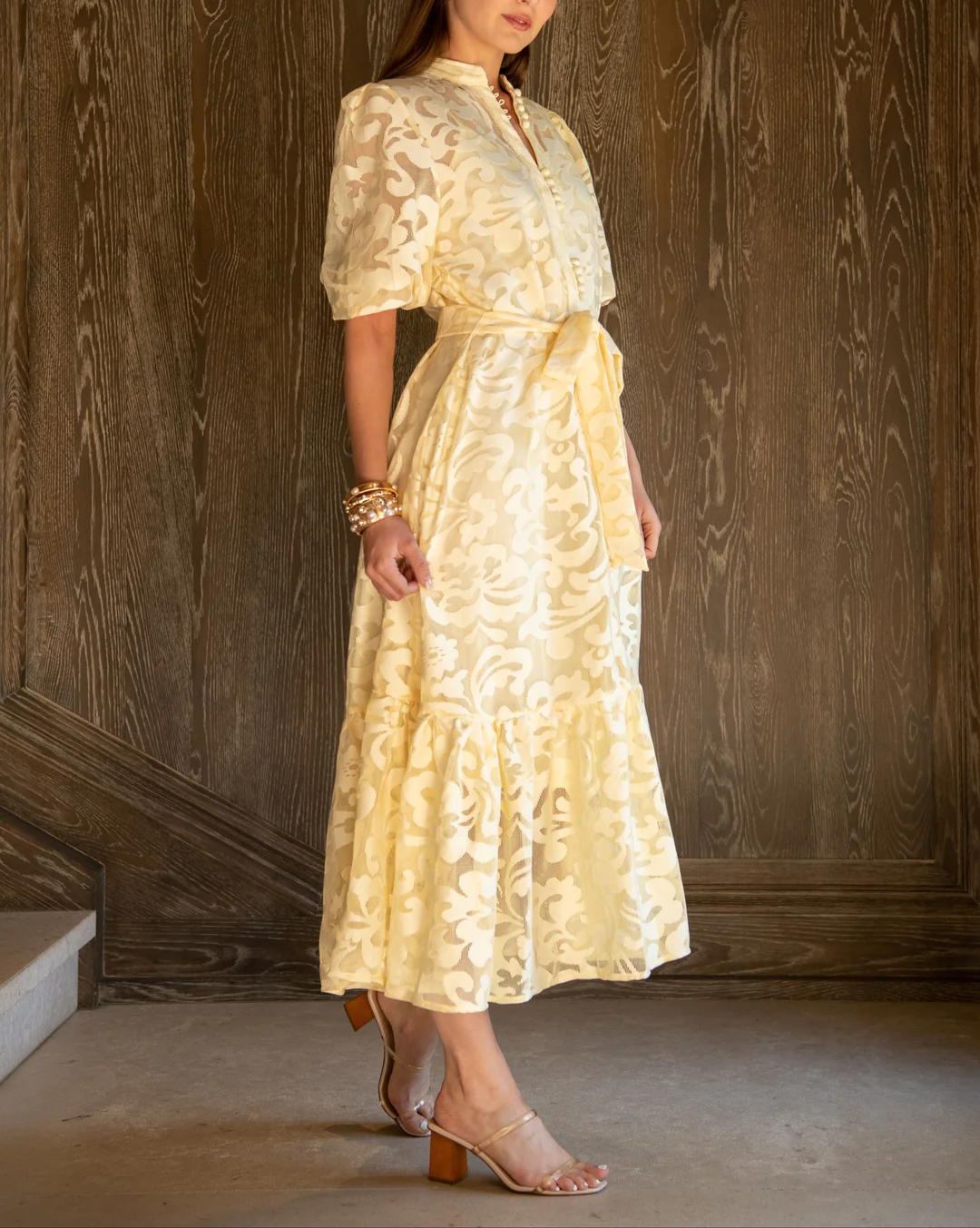 Daisy Lace Short Puff Sleeve Midi Dress