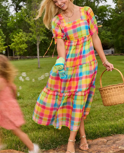 Multi Plaid Tiered Maxi Dress