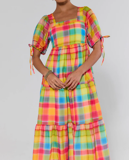 Multi Plaid Tiered Maxi Dress