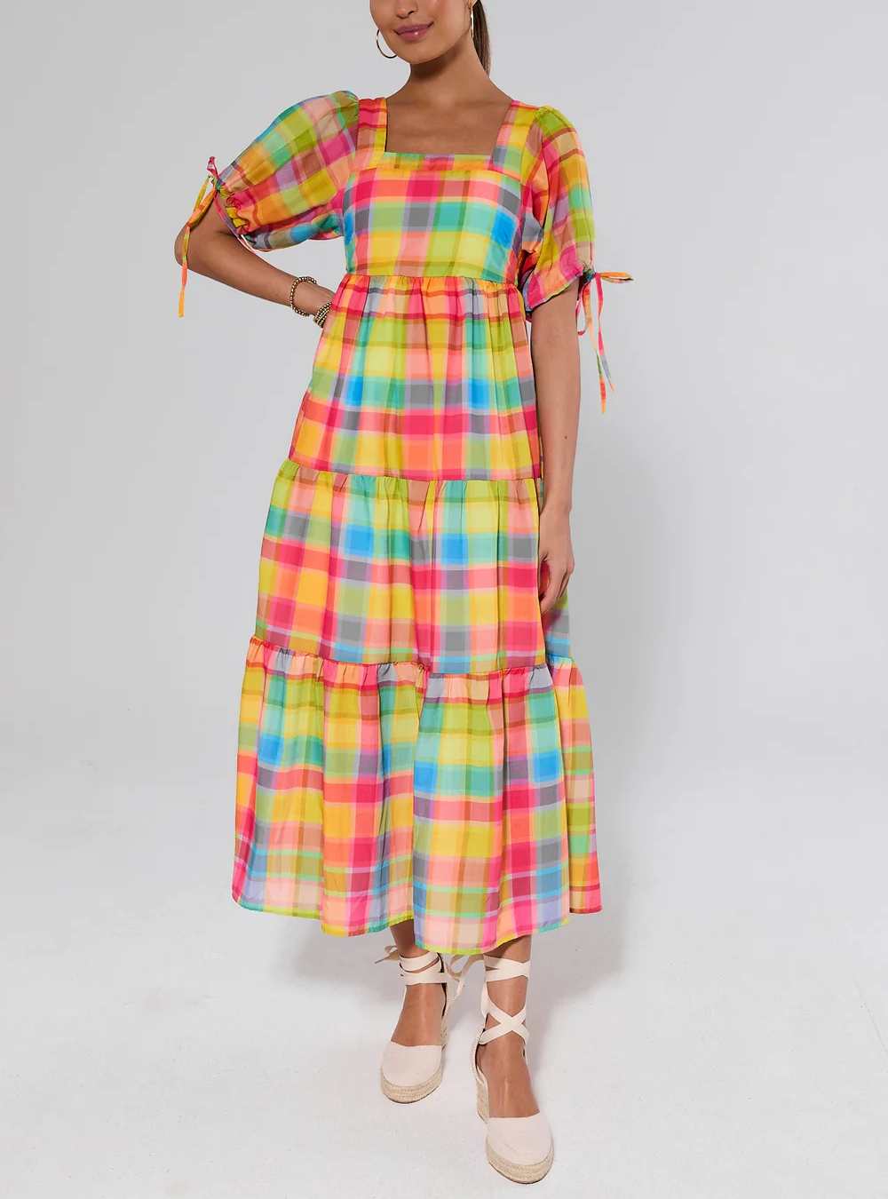 Multi Plaid Tiered Maxi Dress