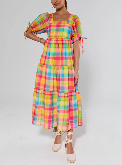 Multi Plaid Tiered Maxi Dress