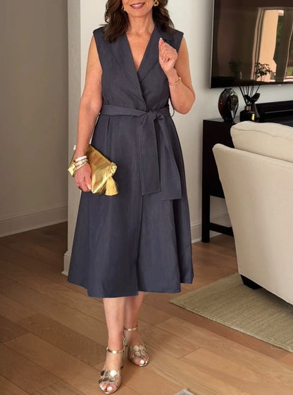 Sleeveless Collared Belted Midi Dress