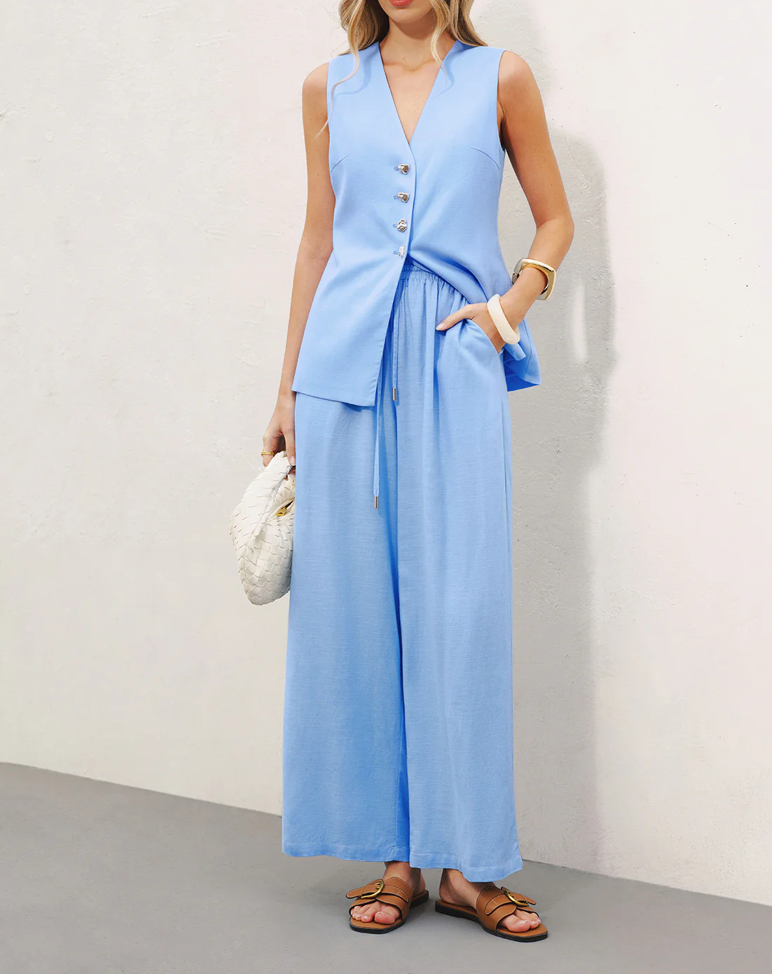 Linen Blend Vest & Wide-Leg Pants Set