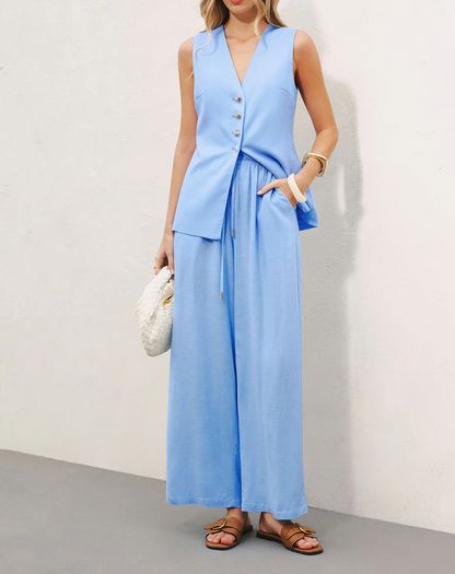 Linen Blend Vest & Wide-Leg Pants Set