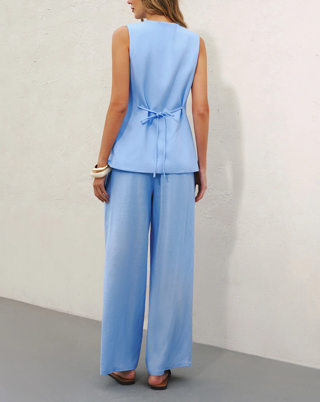 Linen Blend Vest & Wide-Leg Pants Set