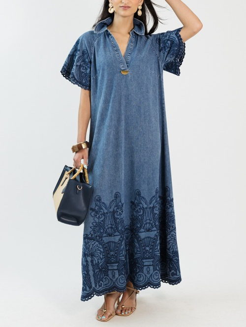 Embroidered Denim Maxi Dress