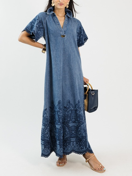 Embroidered Denim Maxi Dress