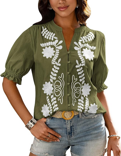 Casual Floral Boho V Neck Puff Short