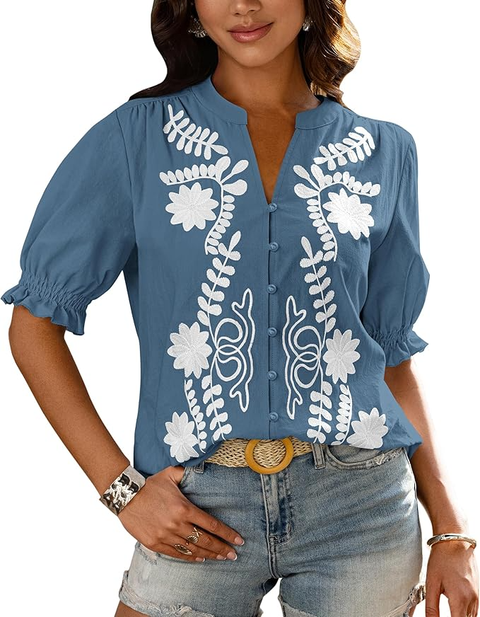 Casual Floral Boho V Neck Puff Short