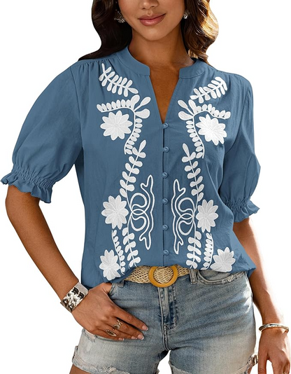 Casual Floral Boho V Neck Puff Short