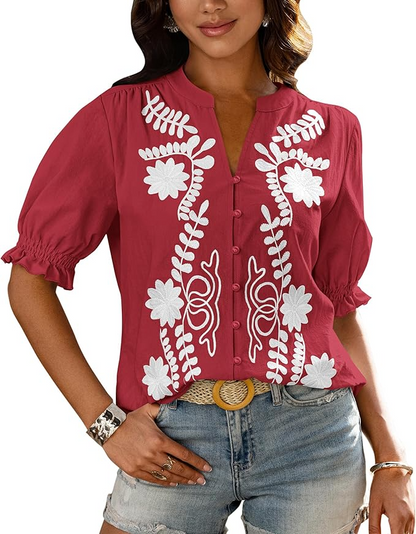 Casual Floral Boho V Neck Puff Short