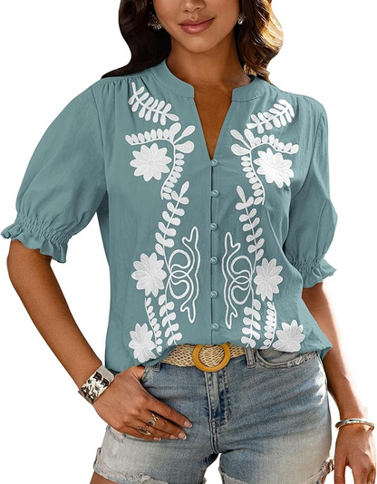Casual Floral Boho V Neck Puff Short
