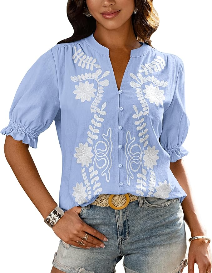 Casual Floral Boho V Neck Puff Short