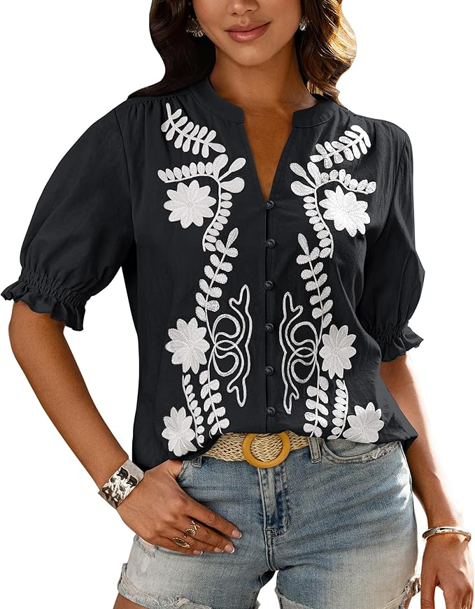 Casual Floral Boho V Neck Puff Short
