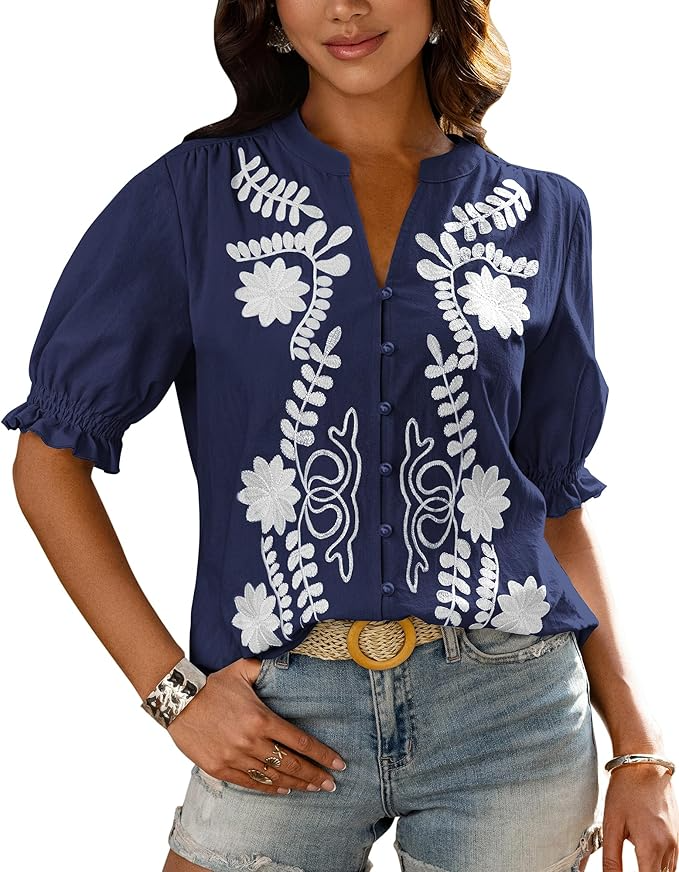 Casual Floral Boho V Neck Puff Short