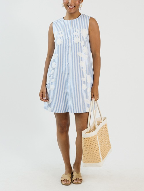 Embroidered Button Dress, Blue