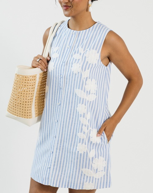 Embroidered Button Dress, Blue