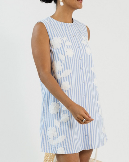 Embroidered Button Dress, Blue
