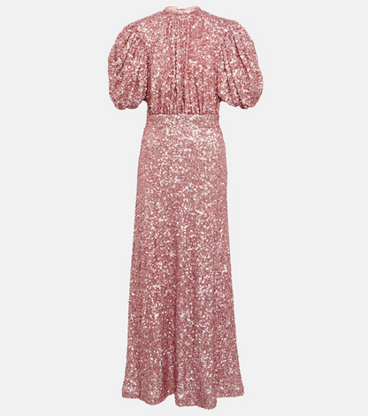 Puff-sleeve sequined midi dress
