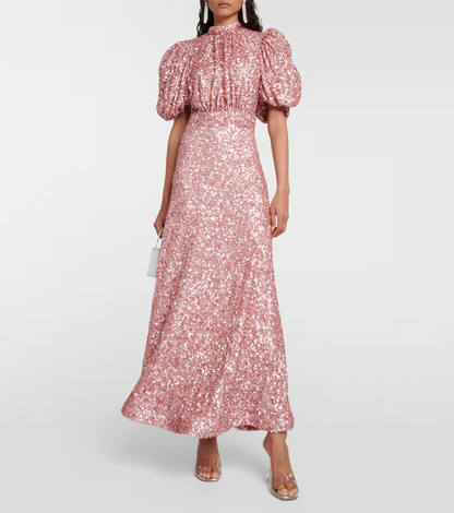 Puff-sleeve sequined midi dress