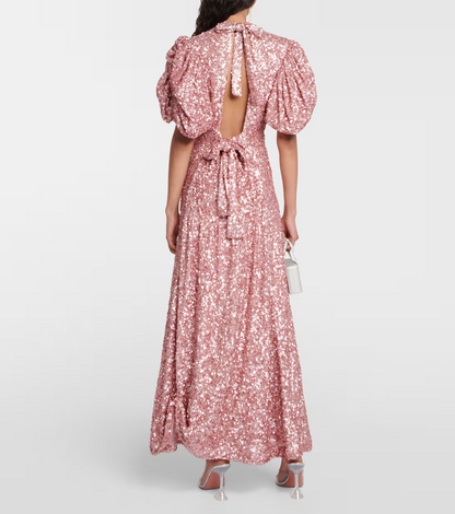 Puff-sleeve sequined midi dress