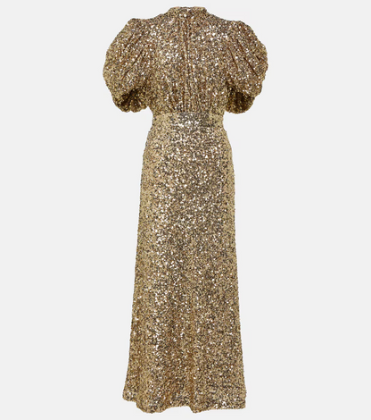 Puff-sleeve sequined midi dress