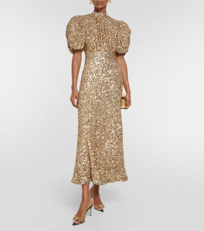 Puff-sleeve sequined midi dress
