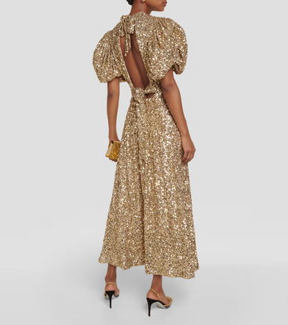 Puff-sleeve sequined midi dress