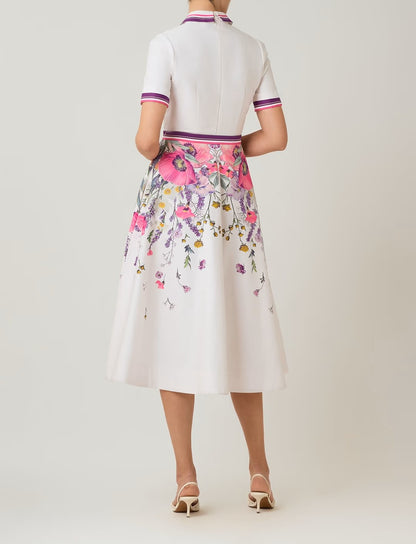 Cotton Shirtwaist Floral Print Stripe Trim Dress