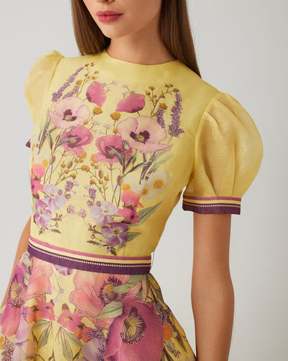 Cotton Shirtwaist Floral Print Stripe Trim Dress
