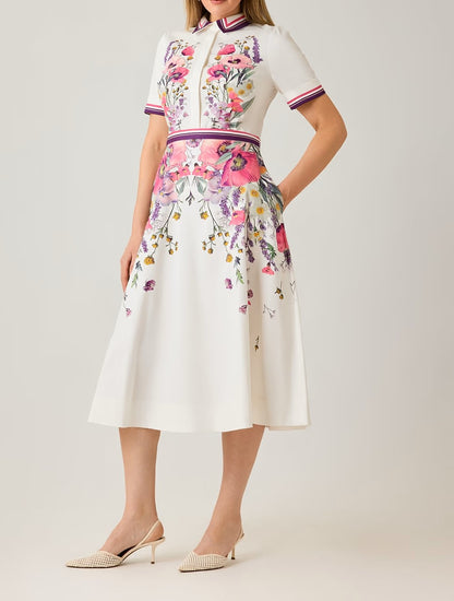 Cotton Shirtwaist Floral Print Stripe Trim Dress