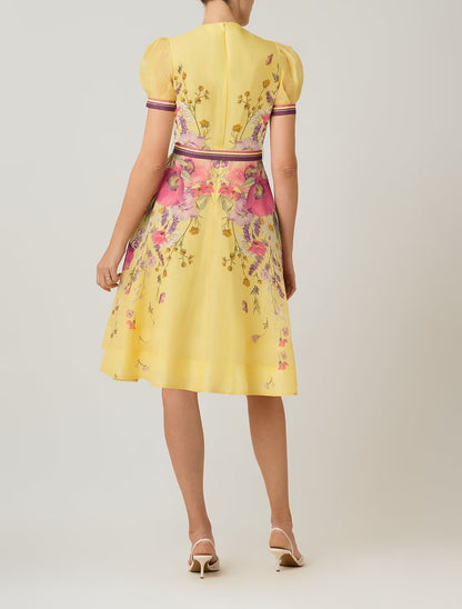 Cotton Shirtwaist Floral Print Stripe Trim Dress