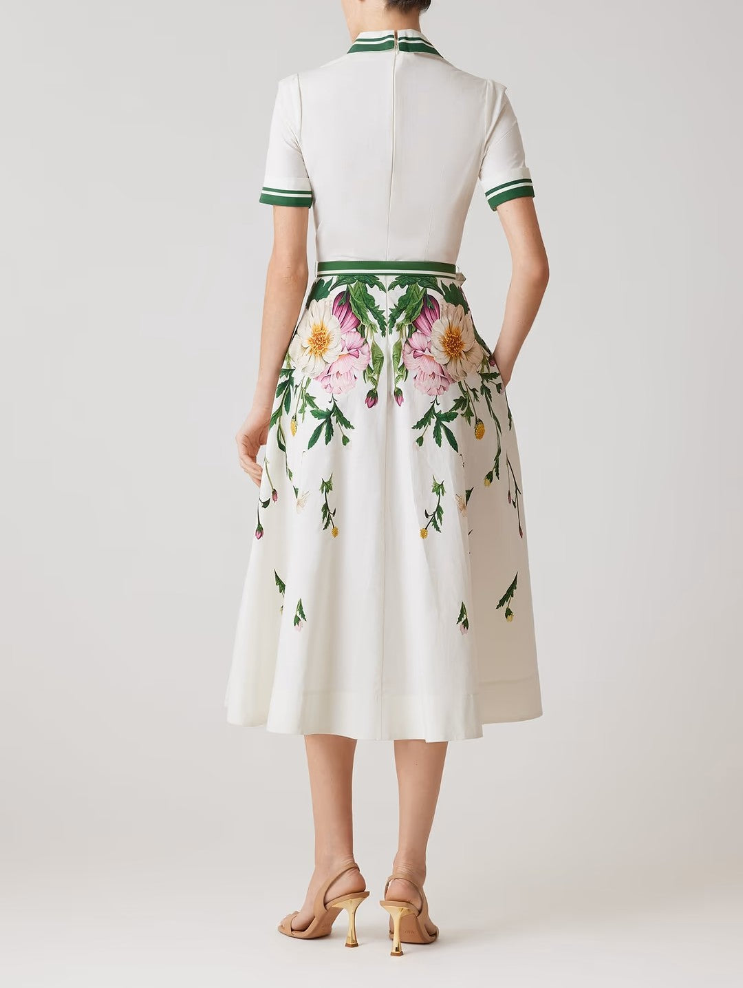 Cotton Shirtwaist Floral Print Stripe Trim Dress