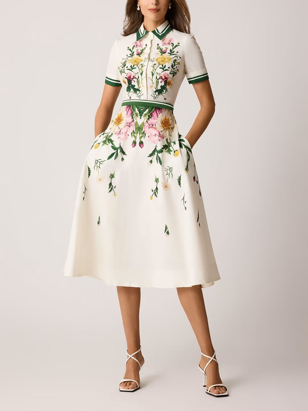 Cotton Shirtwaist Floral Print Stripe Trim Dress
