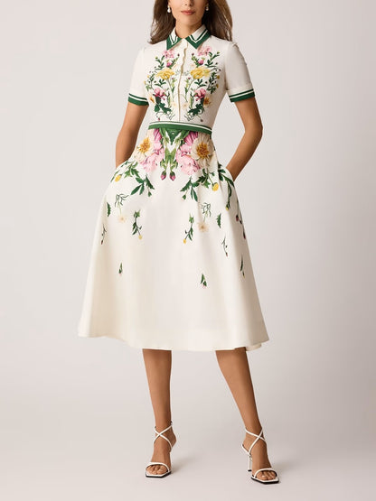 Cotton Shirtwaist Floral Print Stripe Trim Dress