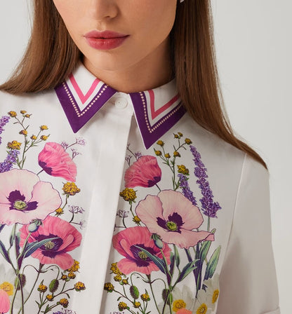 Cotton Shirtwaist Floral Print Stripe Trim Dress