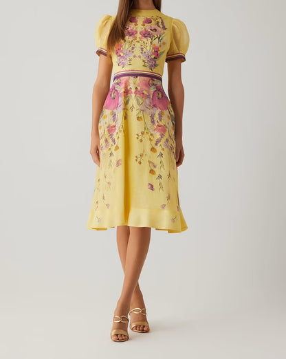 Cotton Shirtwaist Floral Print Stripe Trim Dress