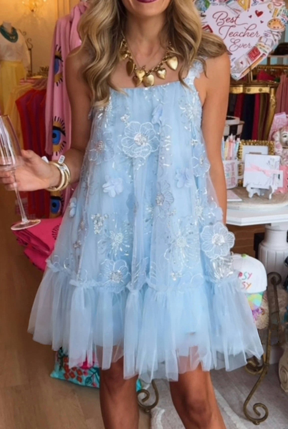 Blue Sequined Floral Embellished Mini Dress