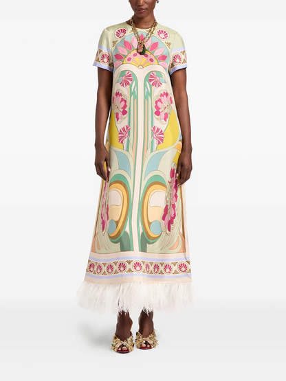 Silk Twill With Feathers Swing Dress