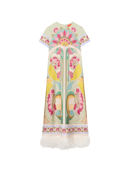 Silk Twill With Feathers Swing Dress