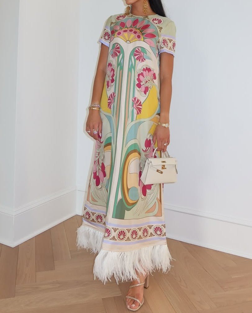 Silk Twill With Feathers Swing Dress