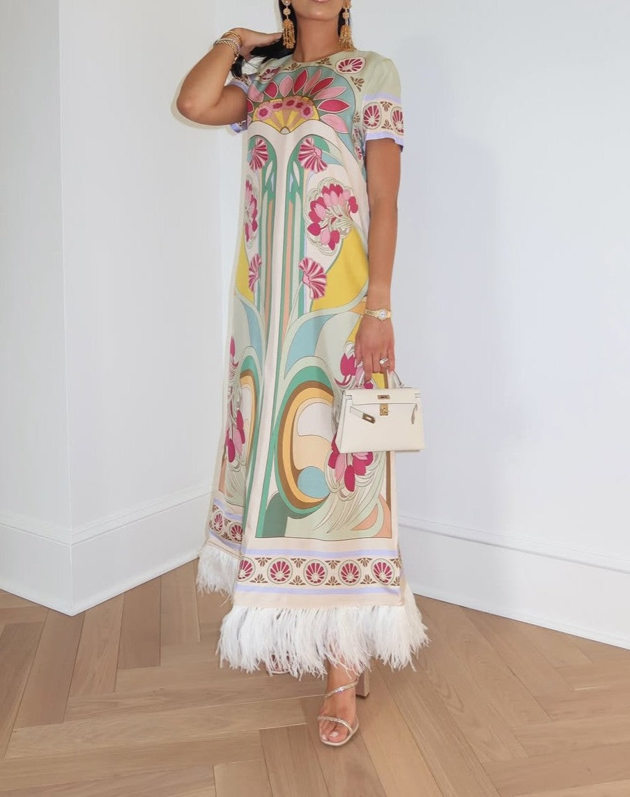 Silk Twill With Feathers Swing Dress