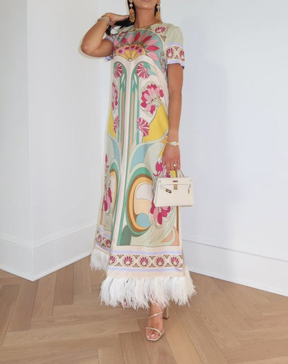 Silk Twill With Feathers Swing Dress