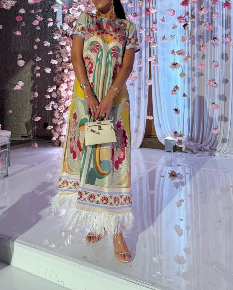 Silk Twill With Feathers Swing Dress