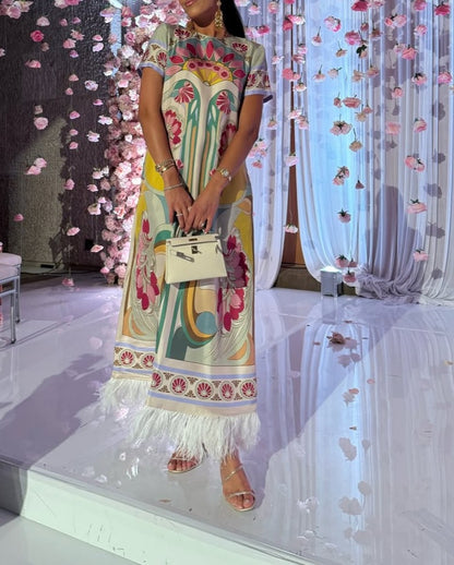 Silk Twill With Feathers Swing Dress