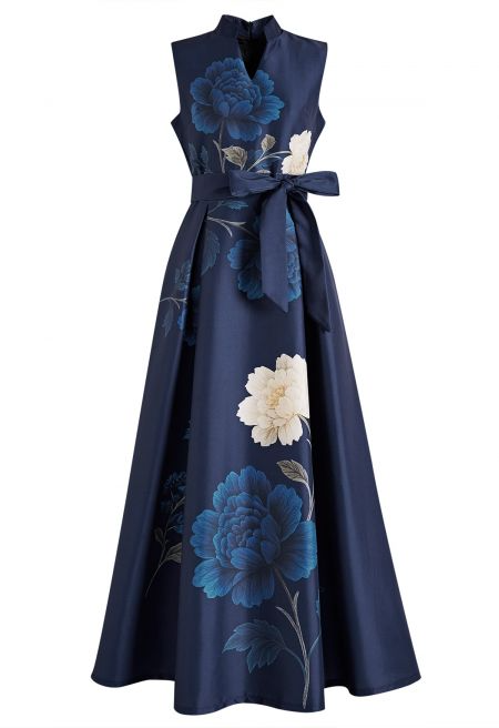 Peony Print Tie-Waist Sleeveless Maxi Dress