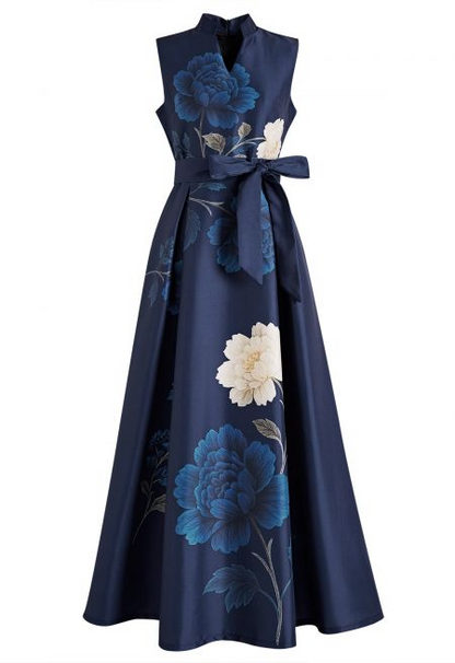 Peony Print Tie-Waist Sleeveless Maxi Dress
